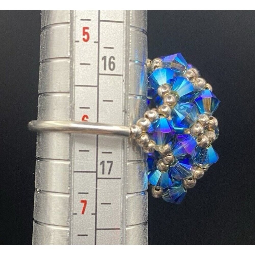Tested Sterling Silver Ring Blue AB Bicone Crystal Dome Woven Bead Size 6 Floral - Picture 6 of 12